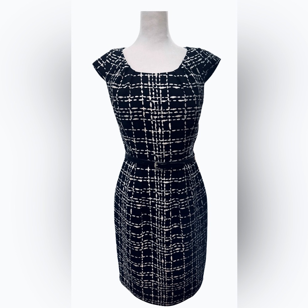 🖤Calvin Klein Plaid Black and White Belted Sheath Dress with Pockets | Sz 2 🖤